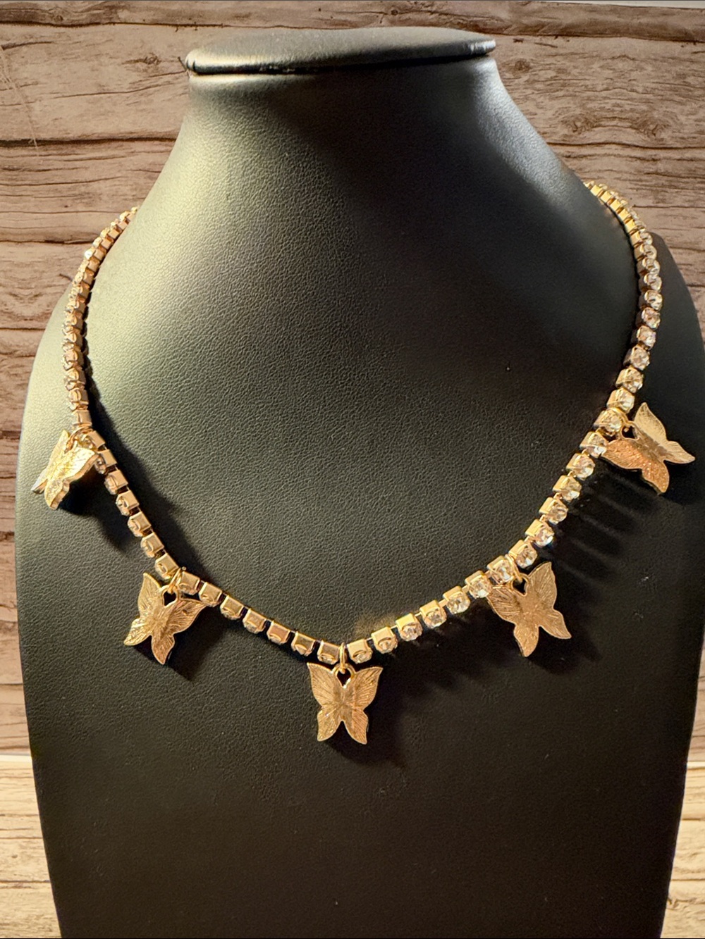 Gold Tone Butterfly Charm Rhinestone Necklace for Women